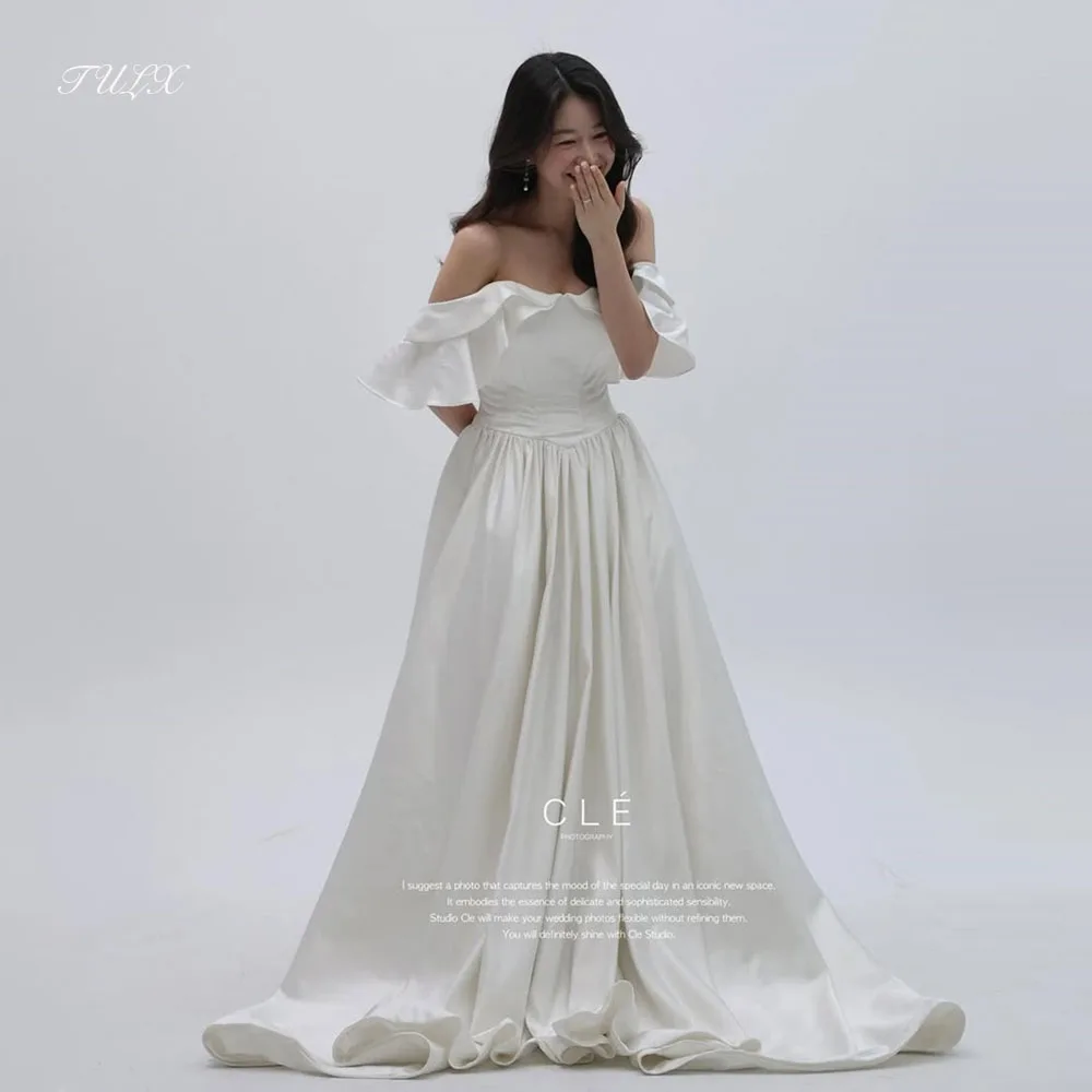 TULX elegante ivoorkleurige satijnen trouwjurk Korea fotoshoot off-shoulder A-lijn lange bruidsjurken korset aangepast  soi soiМ10)