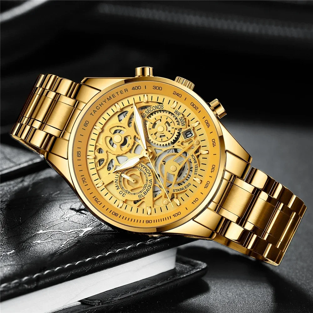 NIBOSI الرجال الهيكل العظمي الساعات الفولاذ المقاوم للصدأ التناظرية كوارتز ساعة رجالية متعددة كرونوغراف ساعة مقاوم للماء ساعة معصم للرجال