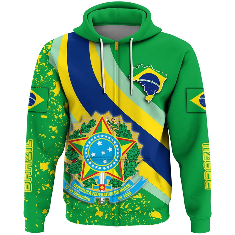 Brazil Flag Map Graphic Sweatshirts Brazilian National Emblem Zip Up Hoodie For Men Clothes Casual Male Hood Sport Boy Pullovers