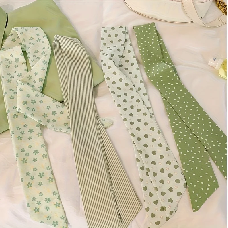 

French atmosphere thin strip silk scarf green double-sided headband tied and wrapped hair streamer