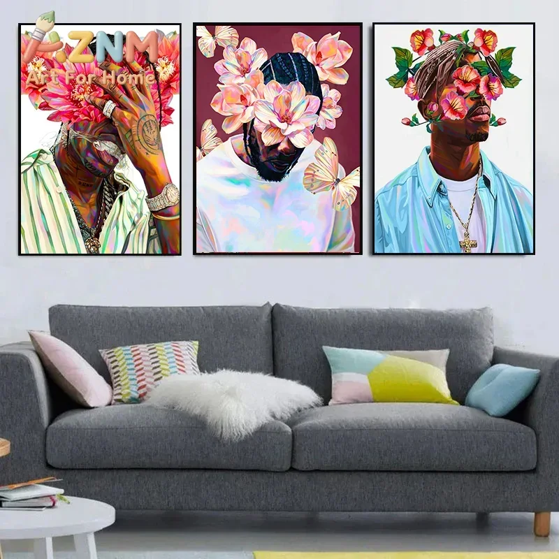 Famous Rapper Star Portrait with Flowers Canvas Painting Hip Hop Singers Abstract Art Posters Prints Wall Art Picture Home Decor
