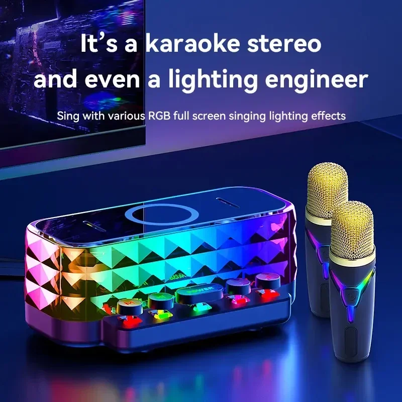 Portable Karaoke Bluetooth Speaker with Wireless Charging Function Duel Mic Dazzling Lighting Stereo Sound System Mini Sound Box