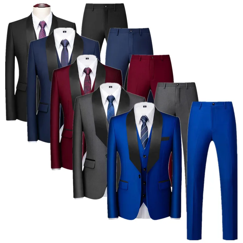 

(Куртка + брюки + жилет) Новый мужской однотонный деловой свадебный костюм из трех предметов, модный простой мужской деловой костюм-смокинг, комплект