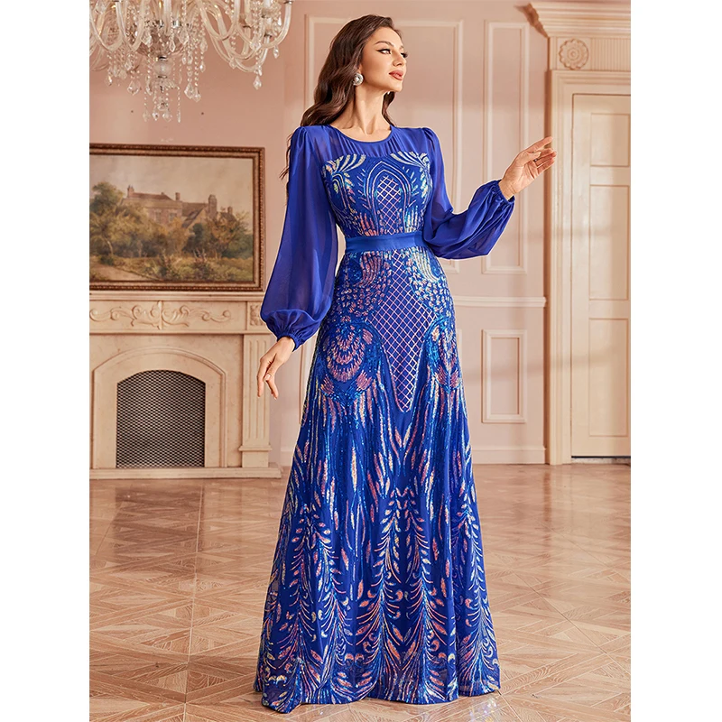 Blue Dresses Women Lantern Sleeve Sequined Formal Occasion Cocktail Prom Party Evening Long Dress Ladies Vestidos