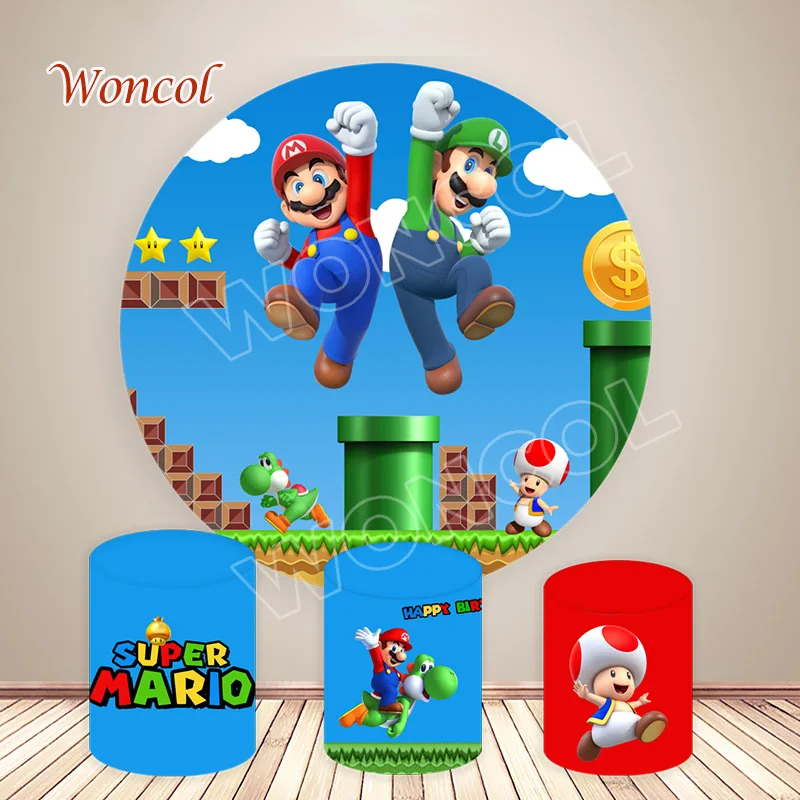 Fondo circular de cumpleaños de Mario Luigi, Fondo de Super Mario Bros, sapo Yoshi, cubierta de cilindro de Mario, accesorios de decoración para Baby Shower