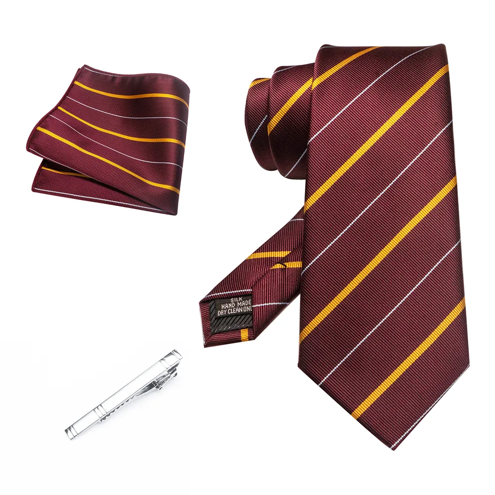 Herren Marineblau Krawatte Rot-Grün Gestreiftes Krawattenset Glänzender Clip Hochwertiges Einstecktuch für Business-Anzüge Anlässe Hochzeit Party – Detail 5