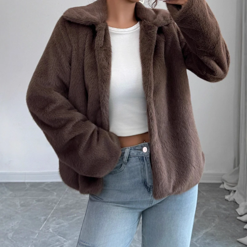 

Элегантное элитное плюшевое однотонное пальто с длинными рукавами, женская одежда, осень-зима 2023 г.