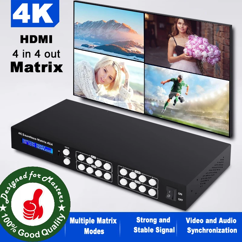 4k HDMI Matrix 4 in 4 Out HDMI 2.1 Video Switcher Splitter + L/R Audio Output,Seamless video matrix switcher with IR Remote