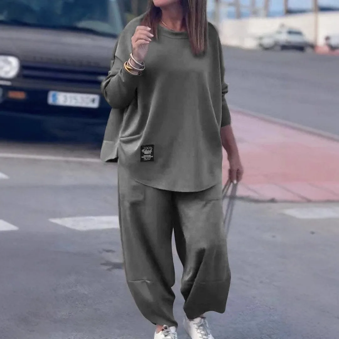 New Autumn Winter Casual Loose Solid Color Sweatshirt Suit Women Holiday Fashion O Neck Long Sleeve Pocket Trousers 2 Piece Set