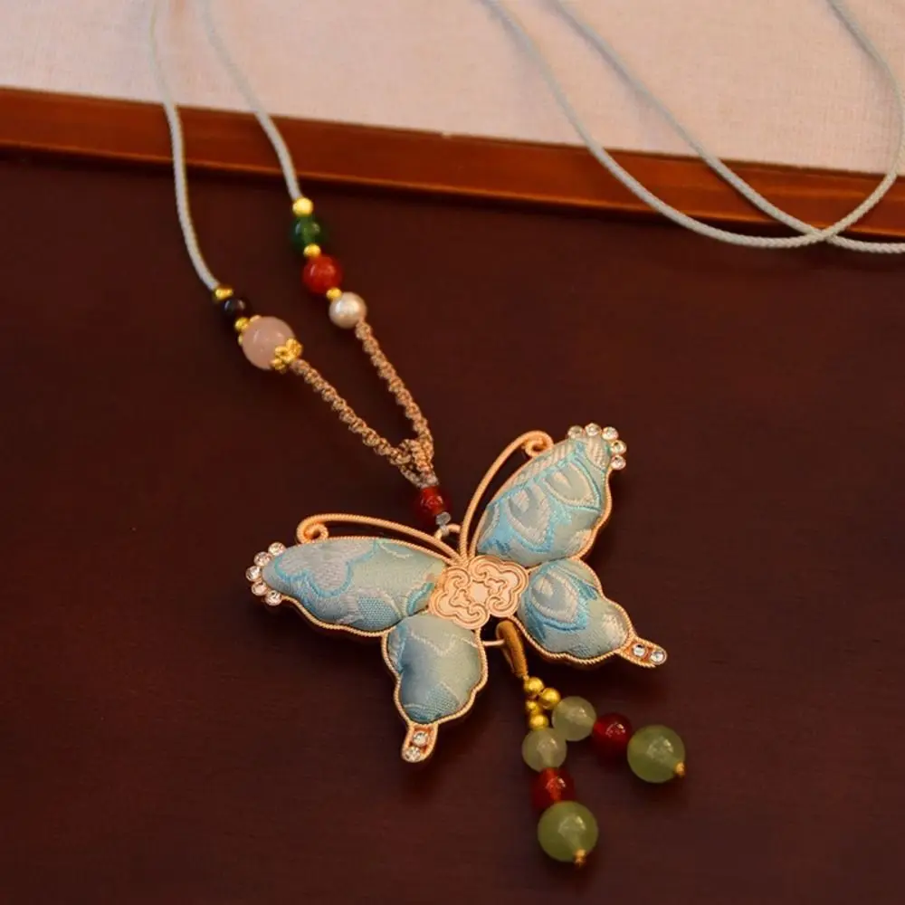 Beads Song Brocade Butterfly Necklace Ethnic Style Tassels Chinese Style Necklace Alloy High-end Embroidered Pendant Necklace