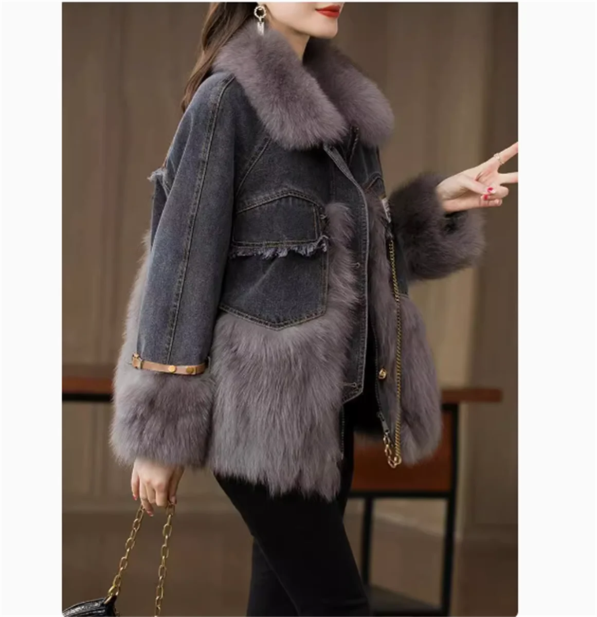 Parker's new winter fox fur denim jacket for women, short style imitation down jacket, Haining fur S recommends weighing less th