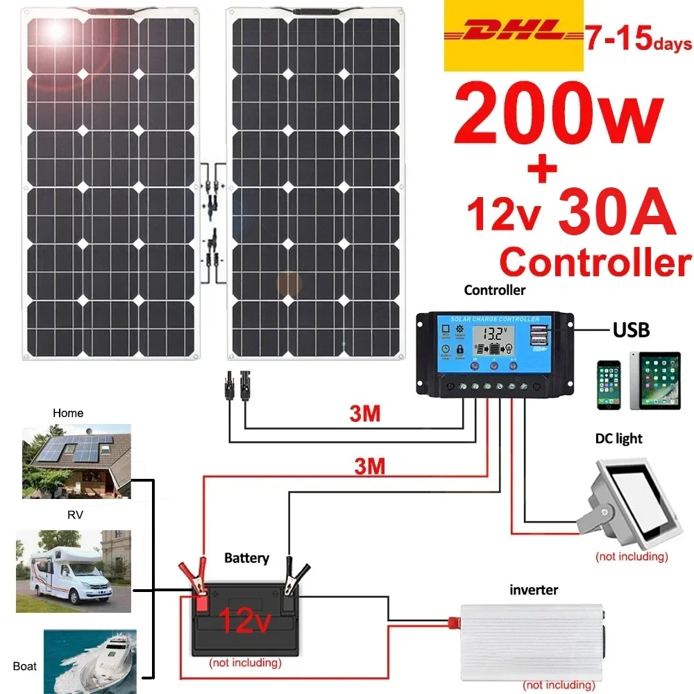 

200w Solar Panel Kit Flexible 12V Battery Charger Controller 30A Photovoltaic Panel for Home Balcony Car RV Yacht Waterproof