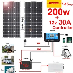 200w Zestaw paneli słonecznych Elastyczny kontroler ładowarki akumulatora 12V 30A Panel fotowoltaiczny do domu Balkon Samochód RV Jacht Wodoodporny