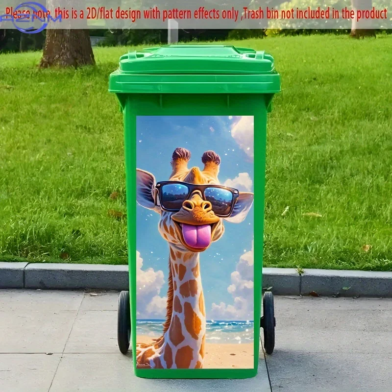 2D Flat Printing 1pc Trash Can Sticker  Fun Beach Giraffe Tongue-Out Theme Design Self-Adhesive Wallpaper Decoration Suitable