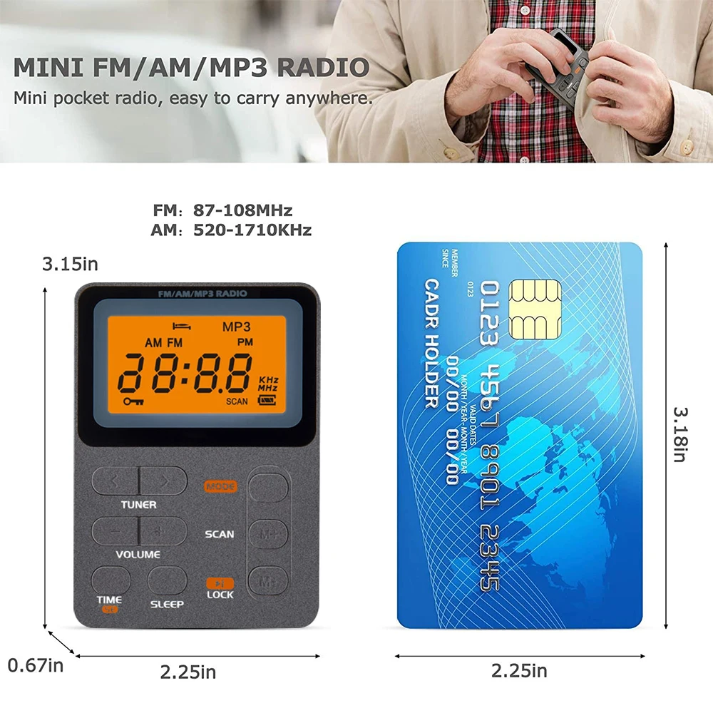Radio Saku AM/FM Radio Portabel Mini Penyetelan Digital Radio Walkman dengan Earphone Stereo LED Pemutar Musik MP3 Langsung