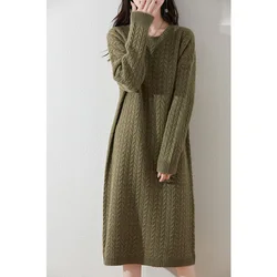 Women Loose Oversize Dresses 100% Wool Knitted Jumpers 2024 Autumn/Winter New Fashion Winter V-neck Long Dresses Female Pullover