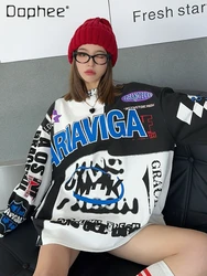 Retro Contrast Color Graffiti Letter Print Long-Sleeved T-shirt Women Spring Autumn New Loose Mid-Length Casual Crew Neck Top