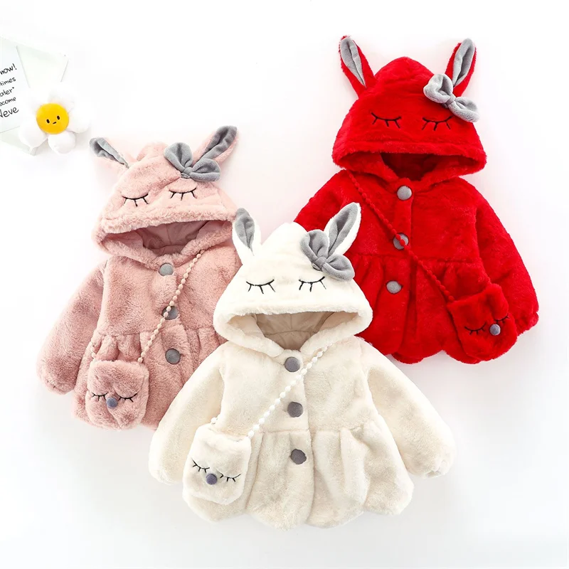 6 12 18 24 36 Months Baby Plush Jacket Cute Rabbit Ears Christmas Princess Girls Coat Keep Warm Hooded Outerwear Kids Clothes