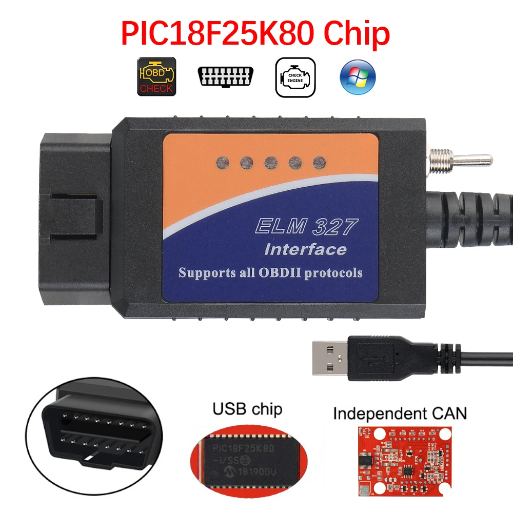 

Диагностический сканер obd2 с чипом PIC18F25K80, USB v1.5 для большинства протоколов OBDII, Диагностический кабель для сканирования