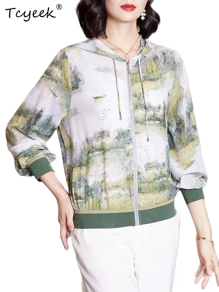 

Tcyeek 100%Real Silk Elegant Jacket For Women, Long Sleeve Hooded, Landscape Painting Fashion Coat, 2024 Spring New C42351QC