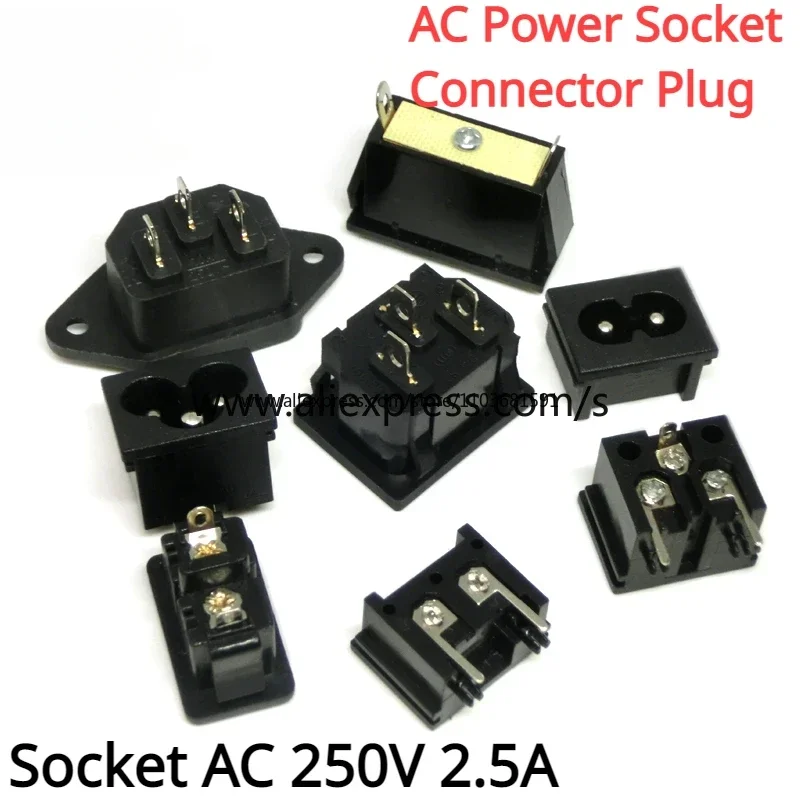 2PCS IEC320 C8 Black 2 Terminal Power Plug Inlet Socket AC 250V 2.5A AC Power Socket Connector Plug Copper Core US EU Plug