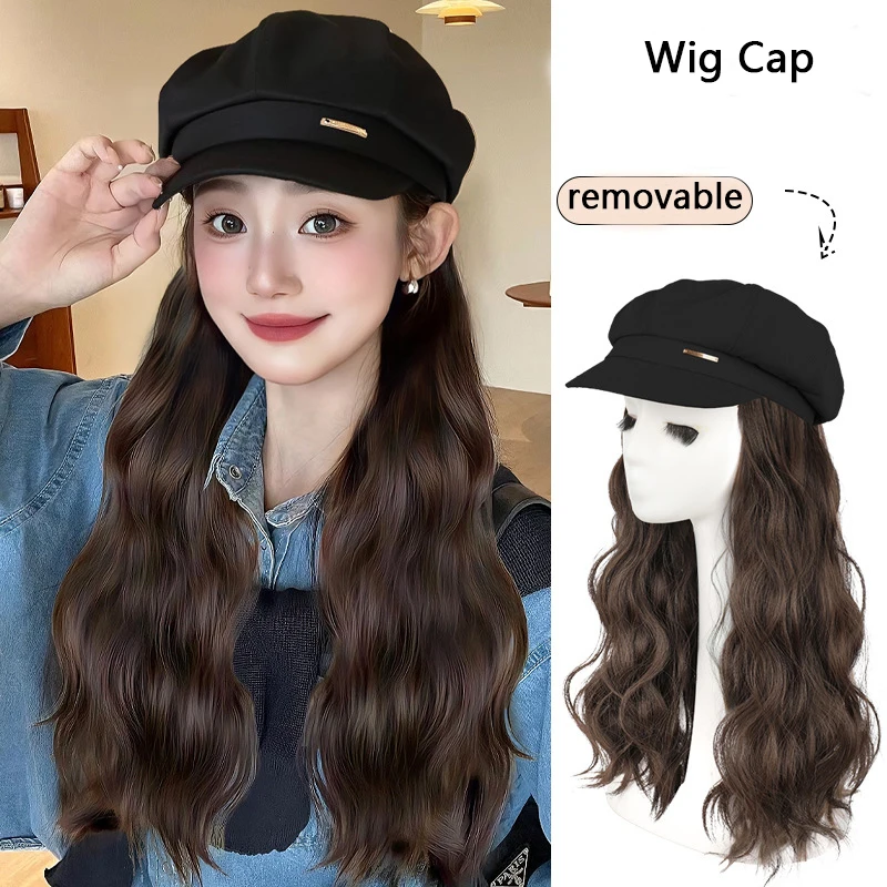 Fashion Women Beret Long Curly Hair Wig Removable Full Head Set Style