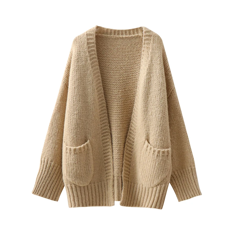 Wool Knitted Cardigan Autumn/Winter Mid length Korean Edition Loose Thick Pocket Coat Lazy Style Casual Top