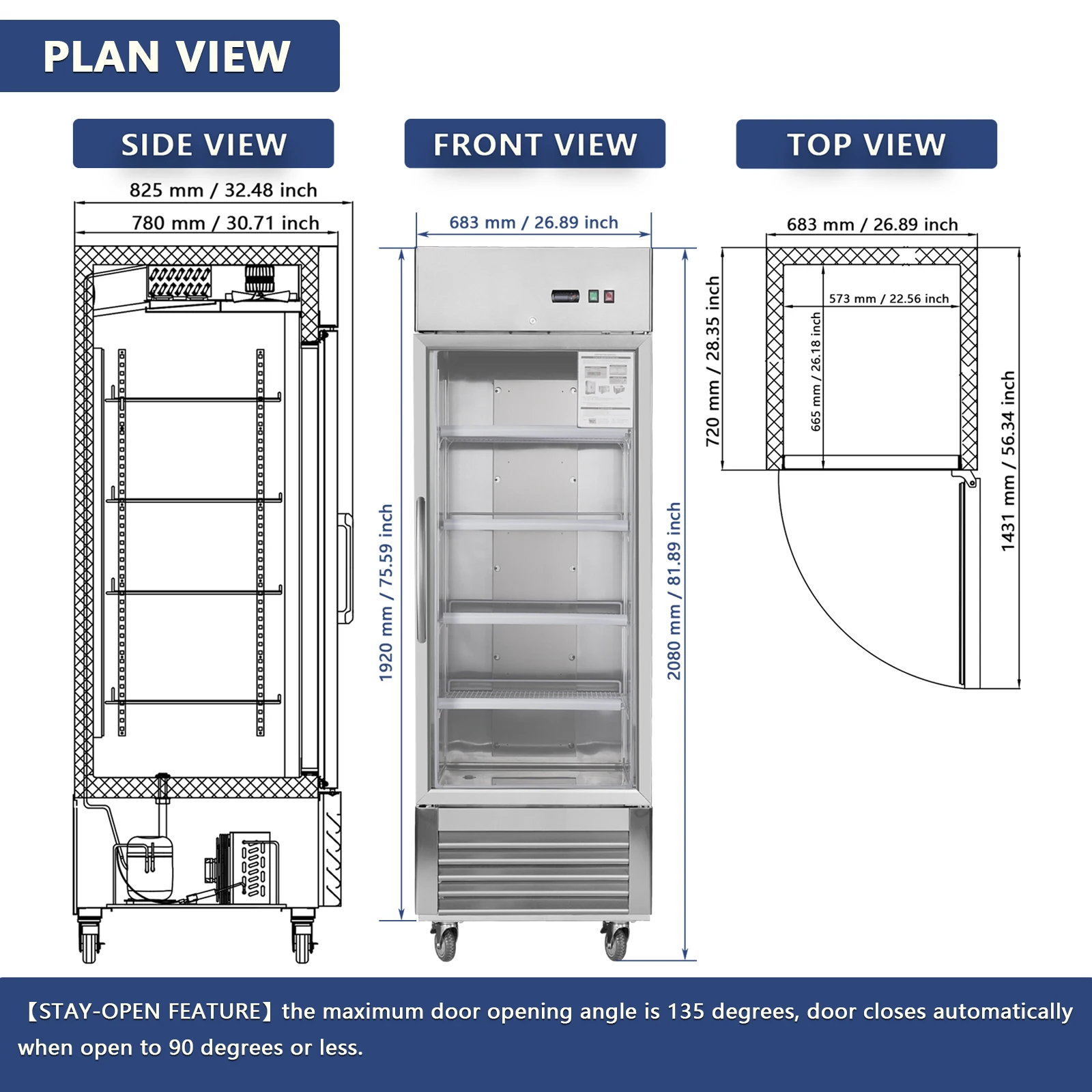 27"W Kommerzieller Display-Kühlschrank 23 Cu.ft Glastür Edelstahl-Lüfterkühlung 33 ℉ ~39 ℉   Verstellbare Regale zum automatischen Abtauen