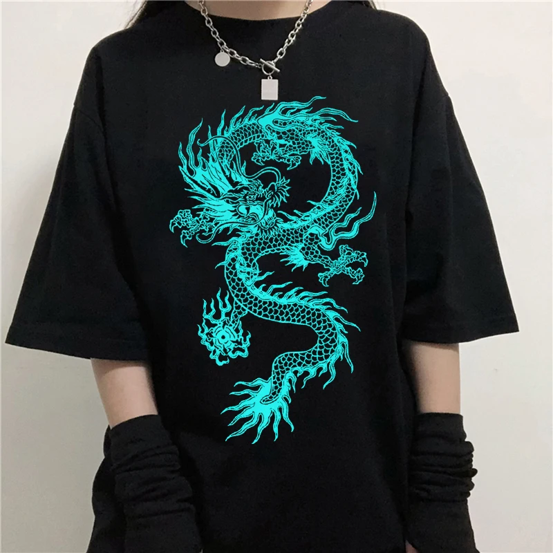 2023 Women T-shirt Ulzzang Harajuku Vintage Gothic Dragon Print Short Sleeve T Shirt Summer Loose Casual Unisex Y2k Clothes Tops