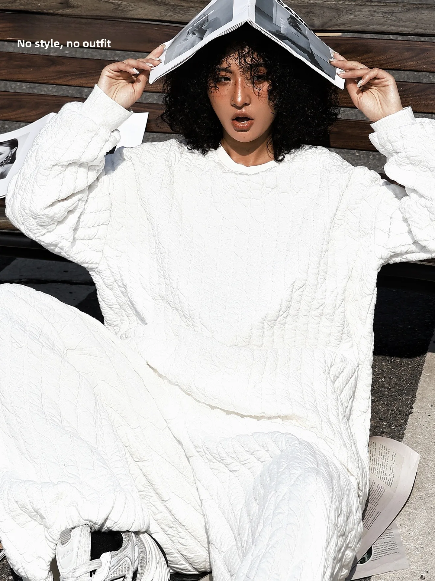 Slimming Effect Cotton Blend Long Sleeve Loose Fit Women's Fashion Set White Texture Casual Comfortable Two-Piece Outfit