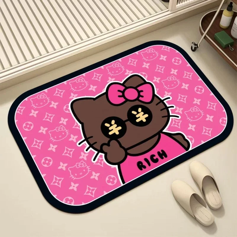 Cute Rich Hello Kitty Diatomaceous Earth Bath Mat, Quick Dry Absorbent Rug, Non-slip Bathroom Floor Decor