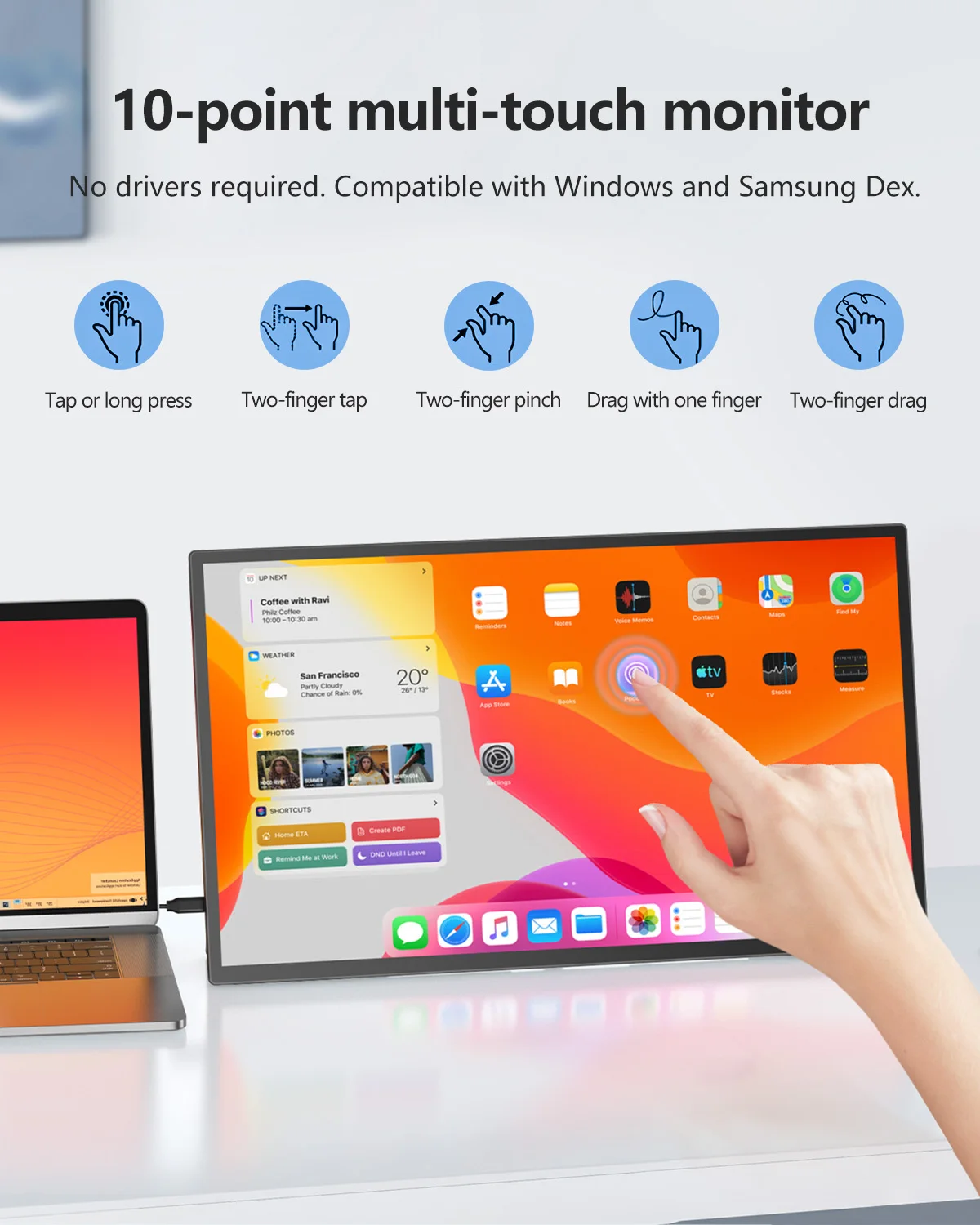 شاشة UPERFECT المحمولة تعمل باللمس مقاس 21.5 بوصة، 120 هرتز، FHD 1080P، مع حامل VESA، مكبرات صوت HDR، USB C، Mini HDMI للهواتف وأجهزة الكمبيوتر الشخصية وأجهزة الألعاب