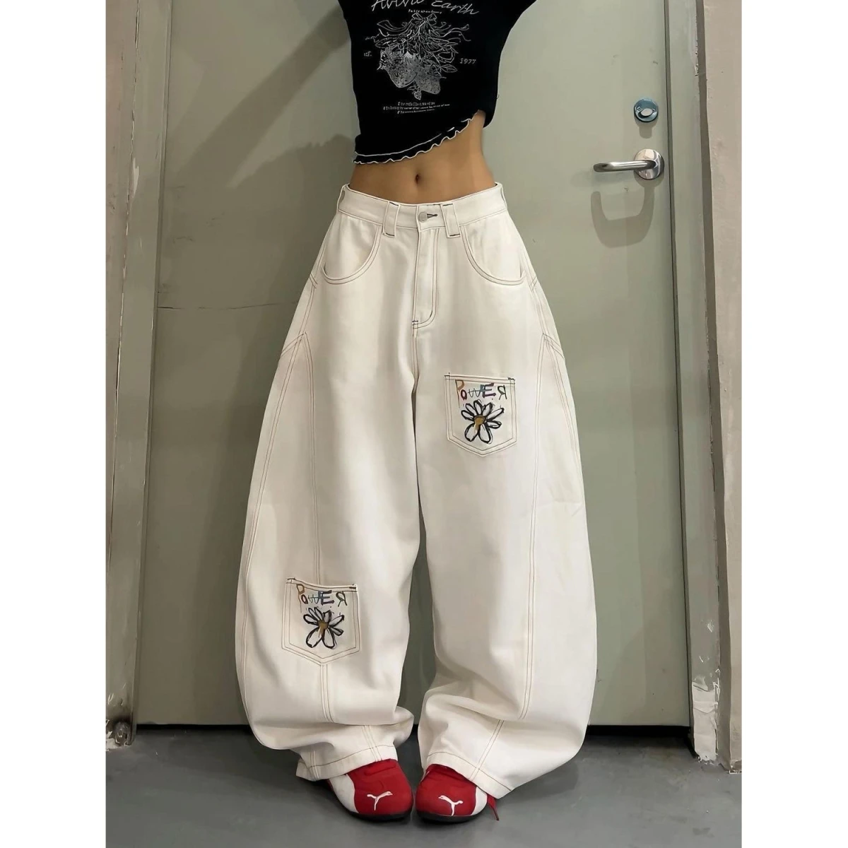 

Women's Daisy Printed Wide Leg Jeans Spring Summer Color Low Waist Cut out Hollow Design Casual Cotton Polyester Denim