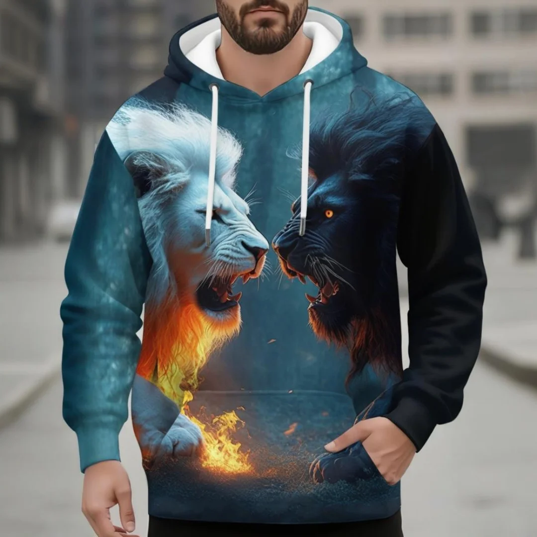 Men's Hoodie Two-color Splicing Lion Tiger Print Sweatshirt 2025 New Animal Long-sleeved Sweater Hoodie Oversized Men's Clothing