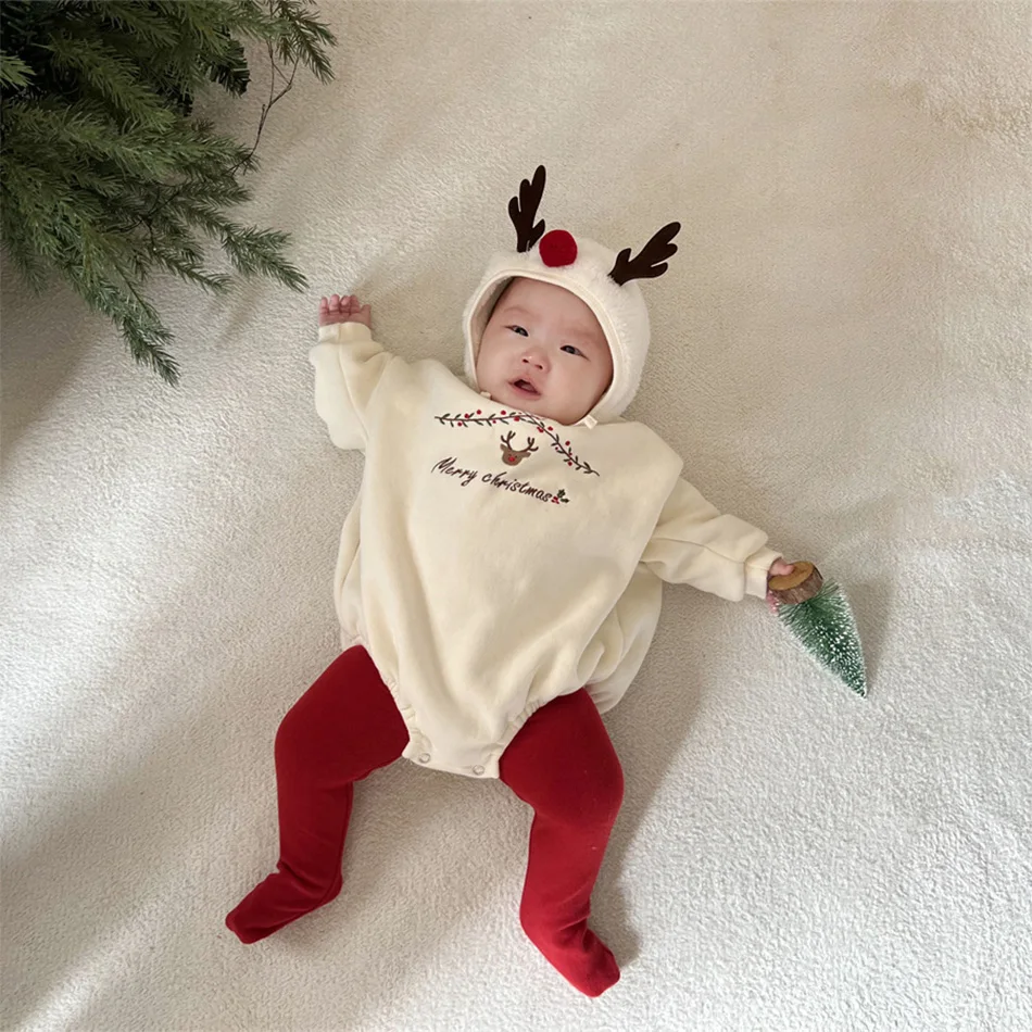 

Baby Reindeer Romper Christmas Outfit Fleece-Lined Warm Plush Jumpsuit for Infant Cute Pajamas for Winter Halloween Set