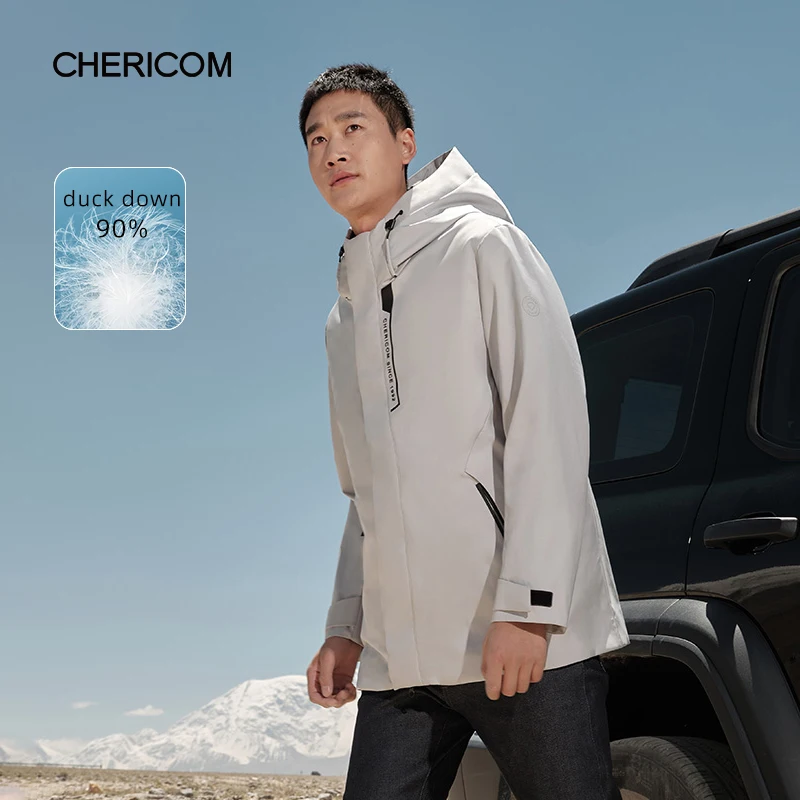 Chericom Chaqueta de invierno con capucha y forro desmontable para hombre, chaqueta de plumón de tres pruebas, gabardina informal sencilla y versátil a la moda 289665