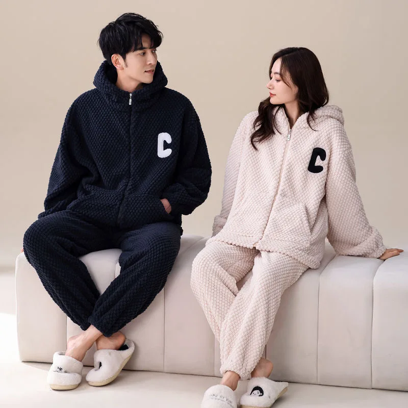 High-grade Hooded Pajamas Velvet and Thick Zipper Casual Wear Home Suit Set Cosy Thermal Pajamas Both Men Women Autumn Winter