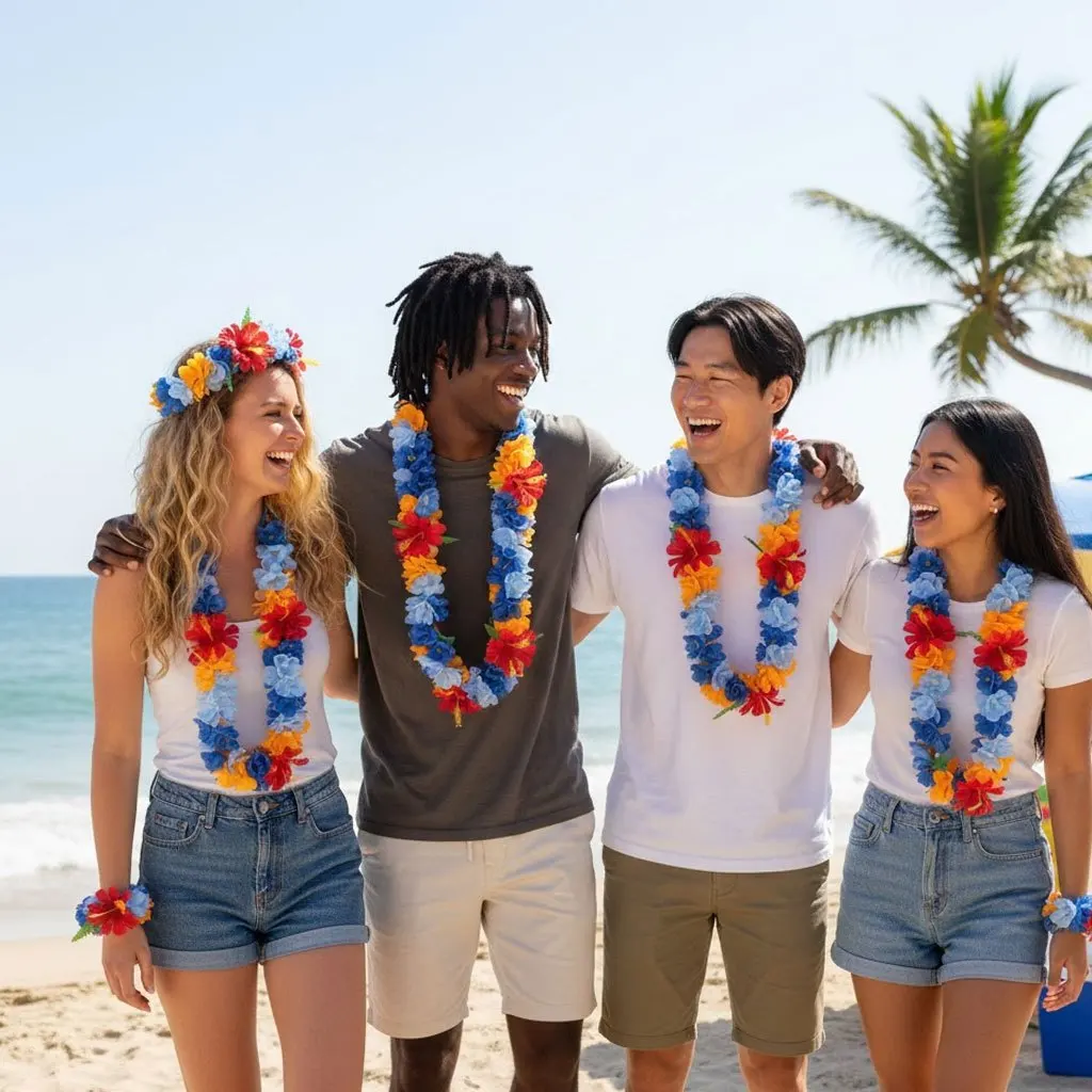 مجموعة Luau Flower Lei (4 عبوات) - قلائد وعصابة رأس من الزهور الحريرية الواقعية - دعائم كشك صور لقضاء العطلات على الشاطئ وديكورات الحفلات