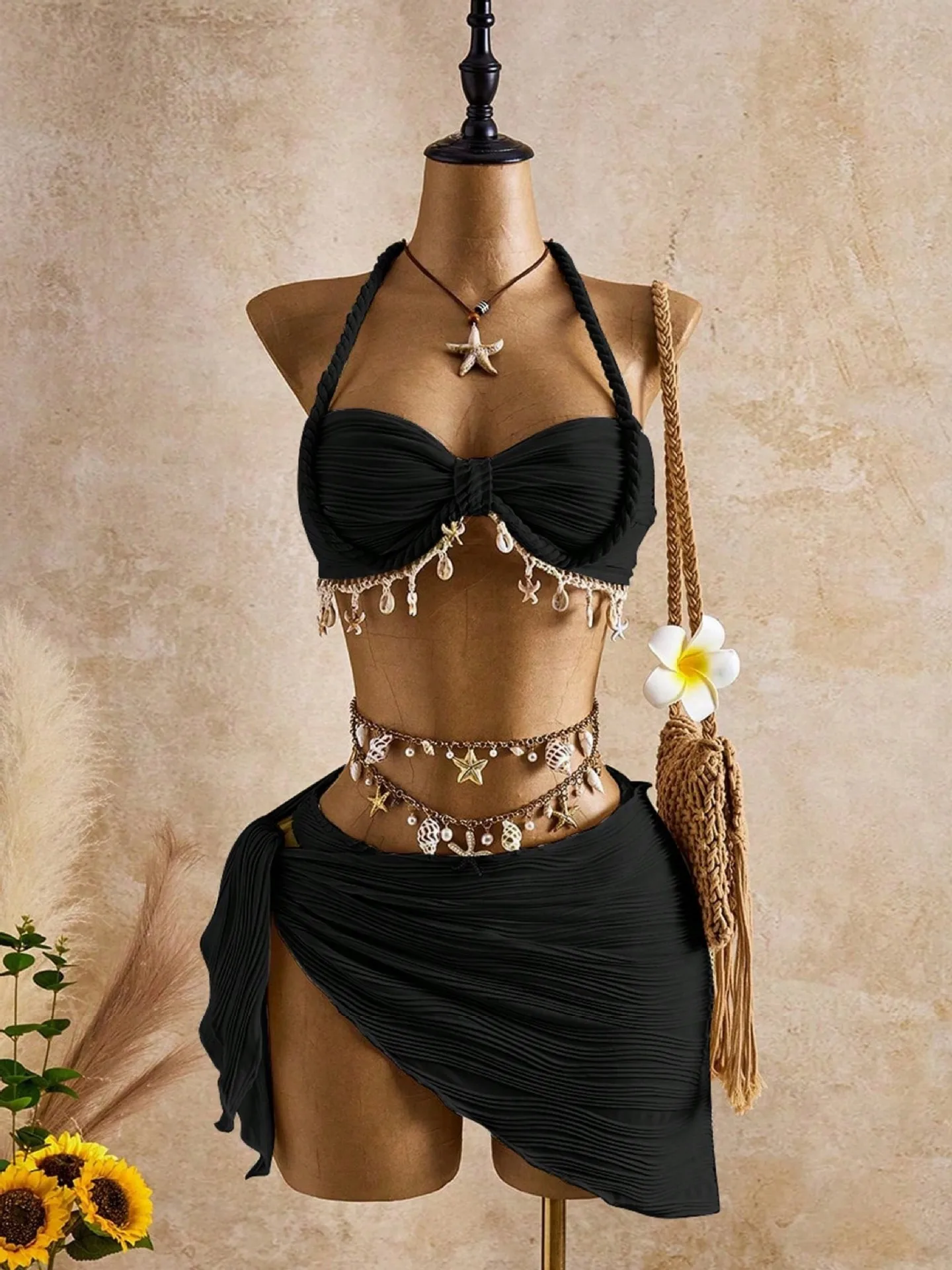 Women Solid Ruched 3 Piece Bikini Set Shell Starfish Charm Halter Bandeau Swimsuits Wrap Cover Up Skirt Swimwear Bathing Suits