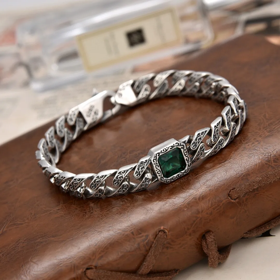 Ethnic style S925 sterling silver retro style personality trendy blue green gem tank Cuban bracelet for men and women