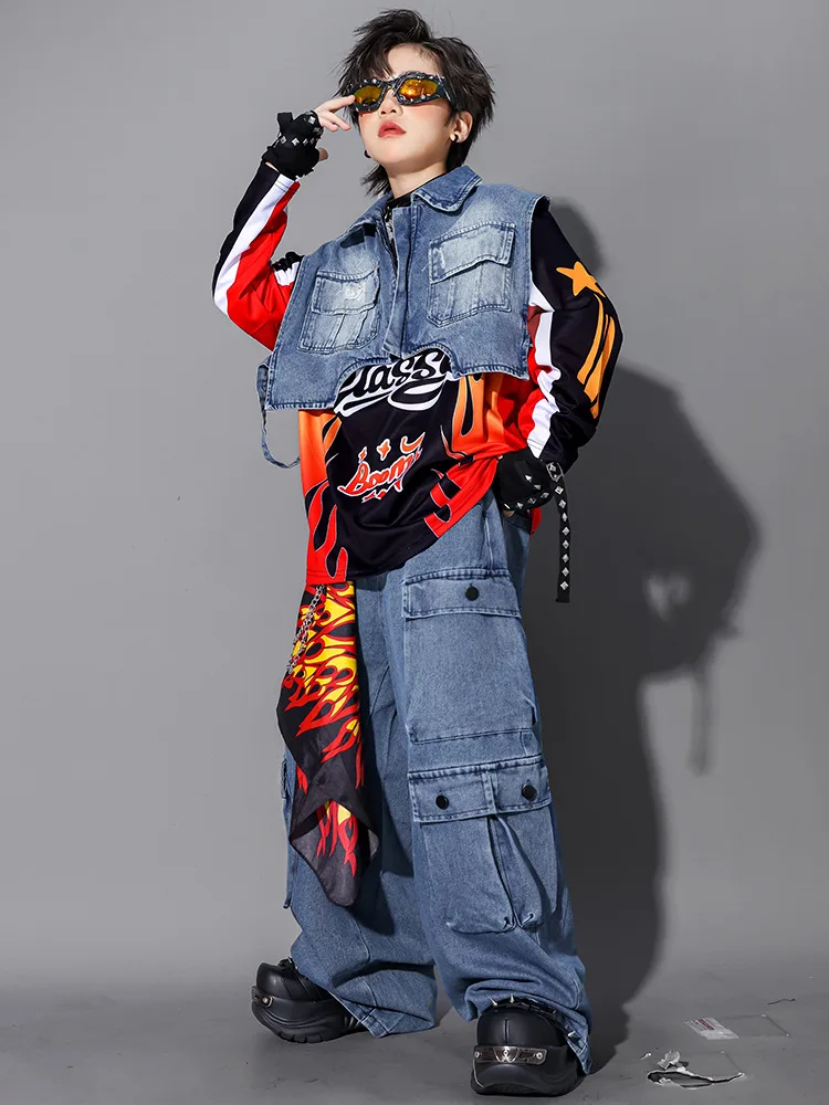 Kinder-Streetdance-Auftrittsoutfit Jungen Hip-Hop Denim-Kleidungsset Atmungsaktive Polyesterfaser Rundhals-Print-Design – Detail 24