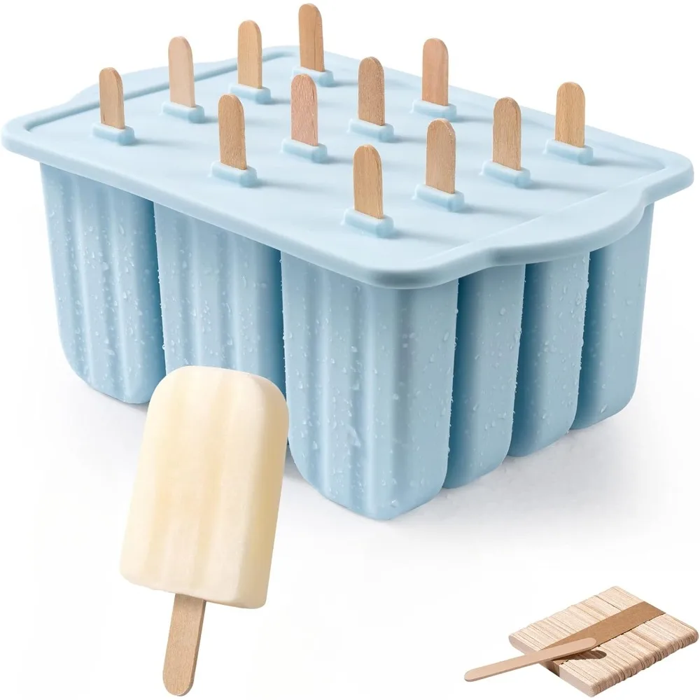 Popsicles Molds, 12 Pieces Silicone Popsicle Molds Easy-Release Popsicle Maker Molds Ice Pop Molds  with 50PCS Popsicle Sticks