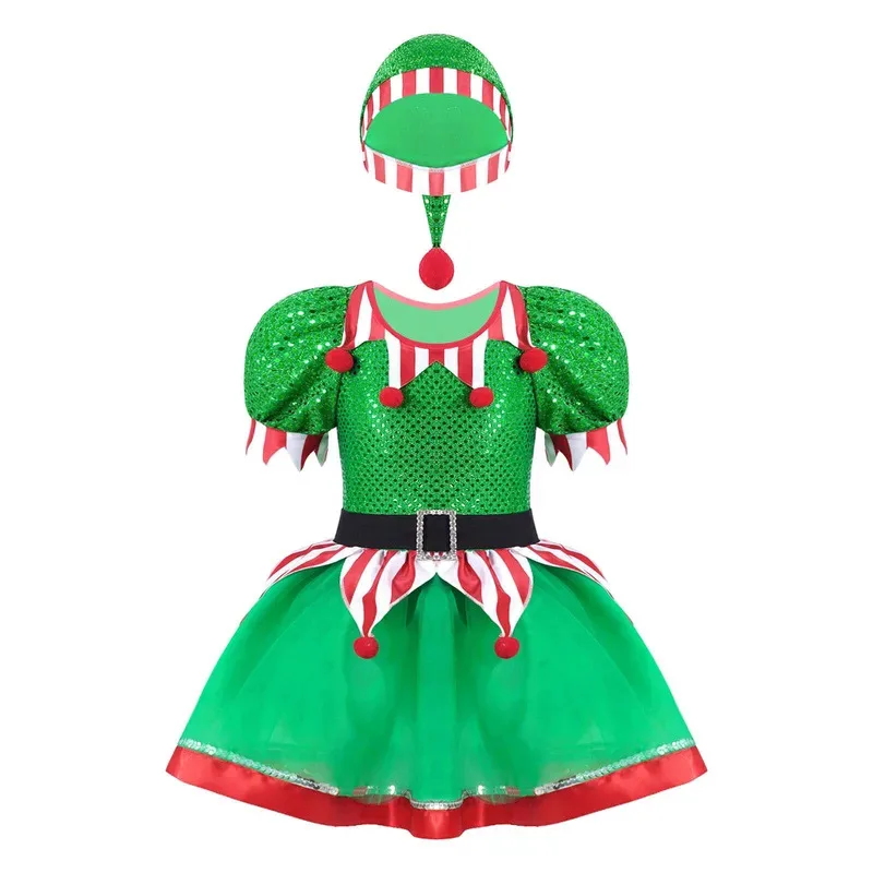 

Детский рождественский костюм эльфа для девочек, рождественское платье-пачка с блестками и помпонами, украшенное нарядное праздничное сетчатое платье-пачка со шляпой, новогоднее карнавальное платье
