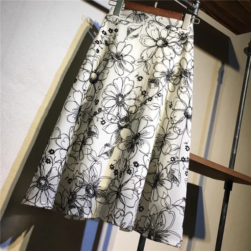 Spring Summer Skirt For Women's Heavy Industry Embroidery Flower Retro French High Waist Mid Length A-line Chiffon Skirt