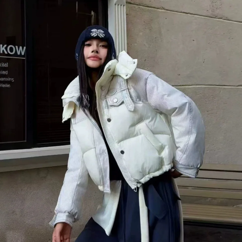 2026 Winter New Women's Down Jacket Windproof Hooded Splicing Cowboy Jacket