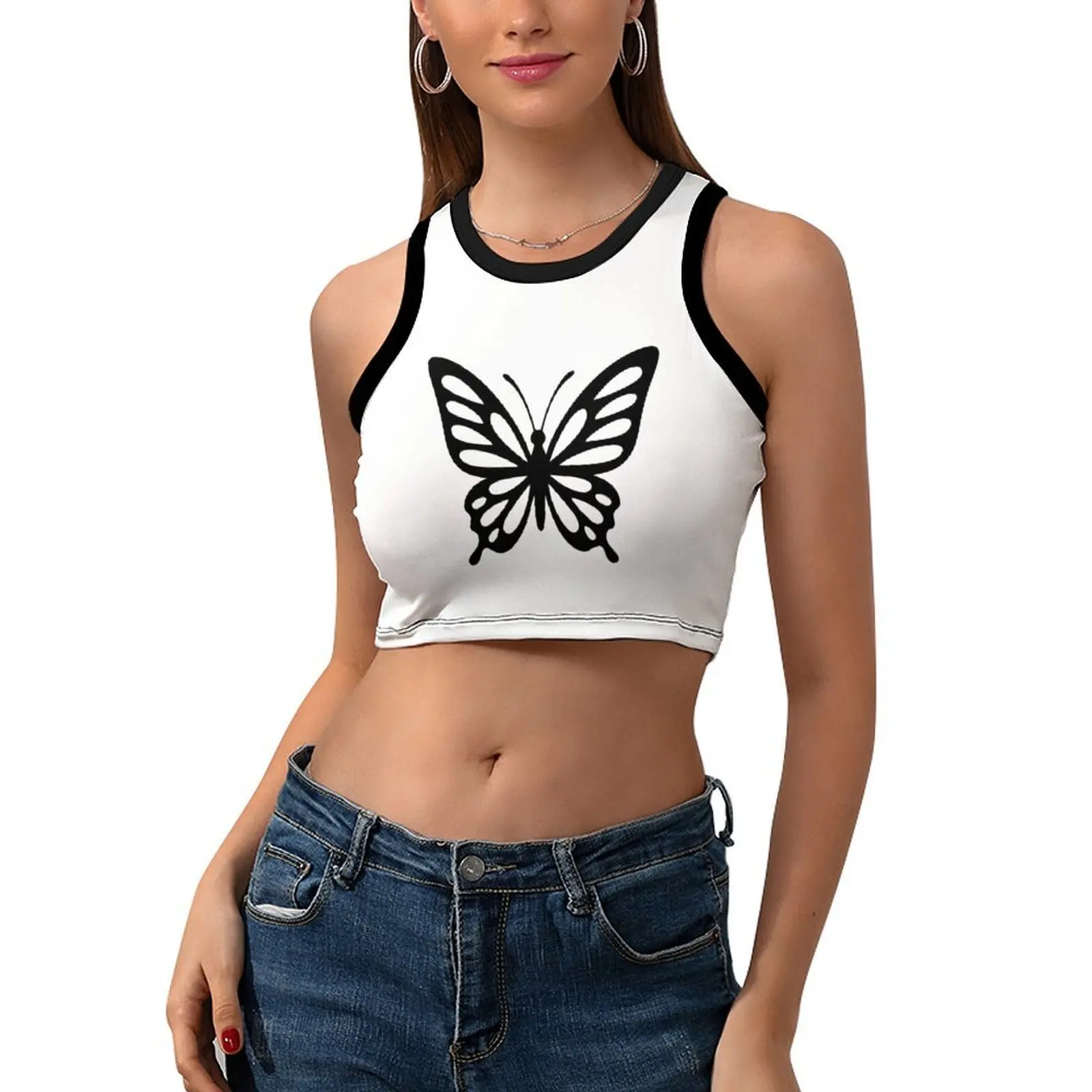 Gothic Black Butterfly Print Crop Tank Top for Women, Sleeveless Ringer Neck Cropped Cami for Alt Streetwear