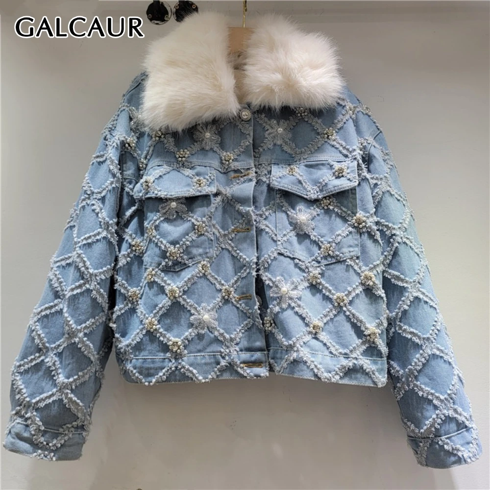 

GALCAUR синяя клетчатая куртка женская с лацканами и длинными рукавами свободная лоскутная уличная одежда с бисером женские куртки осенняя мода