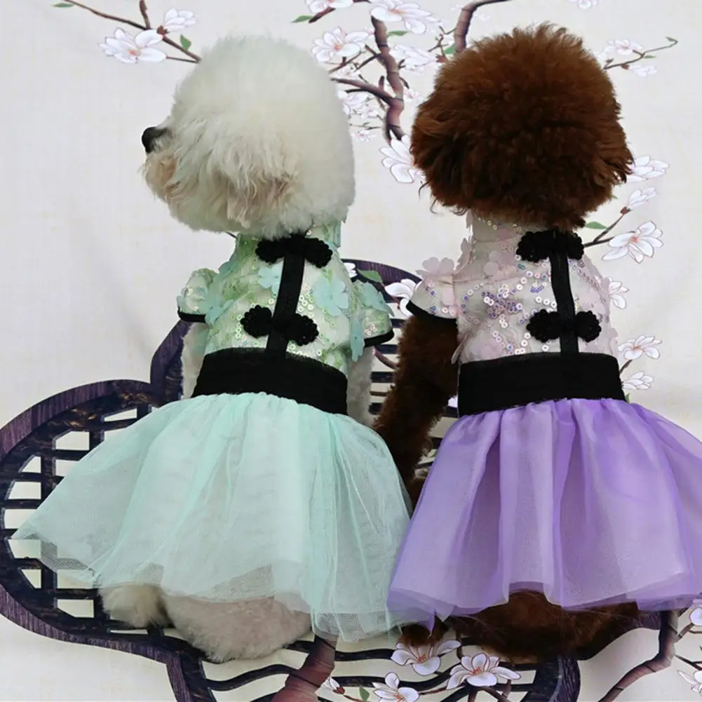 Dog Dresses Embroidery Flower Applique Scattered Hem Puppy Dress Mesh Chinese Style Scattered Short Sleeves Cat Puppy Skirt