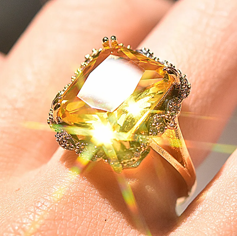 Hyperbole 14K Gold Color Topaz Ring for Women 925 Sliver Color Bizuteria Bague Medium Yellow Gemstone Jewelry Free Ship