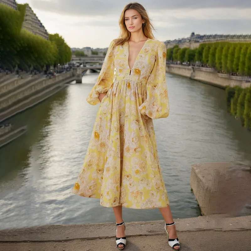 

French temperament elegant new fashion lantern sleeves printed high waist slim dress simple temperament elegant versatile high-e